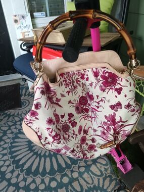 Gucci Floral Canvas Shoulder Bag - Pink/Burgundy & Cream